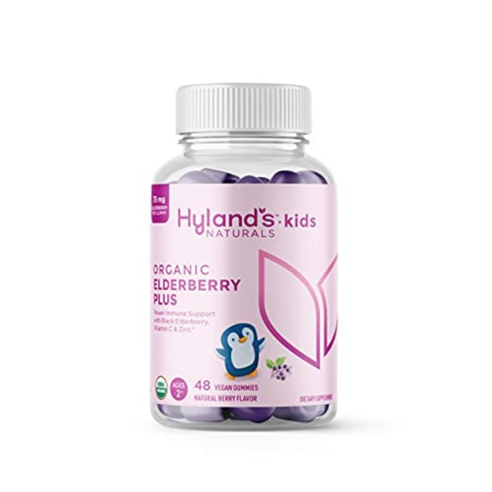 Hyland's Kids Organic Elderberry Plus Gummies, Organik Black Elderberry with ZINC and Vitamin C, Immune Support for Children, 48 Vegan Gummies