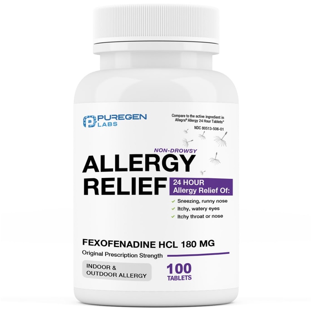 Safgen Laboratuvarları Alerjiler Yardımı, Fexofenadine 180mg, 100 Tablet - 24 Saat Silahsız Antihistamin Antihistamine Antit, Sneezing, Itchy, Watery Eyes - Made in USA