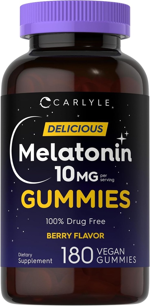 Carlyle Melatonin Gummies 10mg | 180 Kont | Yetişkin İlaç Ücretsiz Yardım | Berry Flavor | Vegan, Non-GMO, Gluten Free Supplement Supplement Supplement