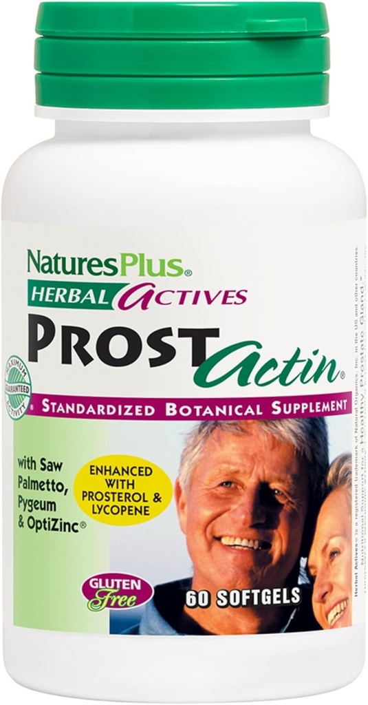 Natures Plus Herbal Actives ProstActin - 200 u Βιταμίνη Ε, 60 Softgels - Υγιής Prostate Gland Support, με Saw Palmetto, Pygeum & Pumpkin Seed Oil - Χωρίς γλουτένη - 30 Σερβιέτες