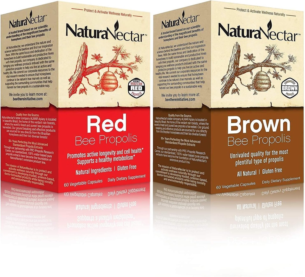 NaturaNectar Natural Bee Propolis Sche - Red Propolis ve Brown Propolis - Immune Support, Respiratory Health ve Sağlıklı Metabolism - Şişe başına 60 Capsules
