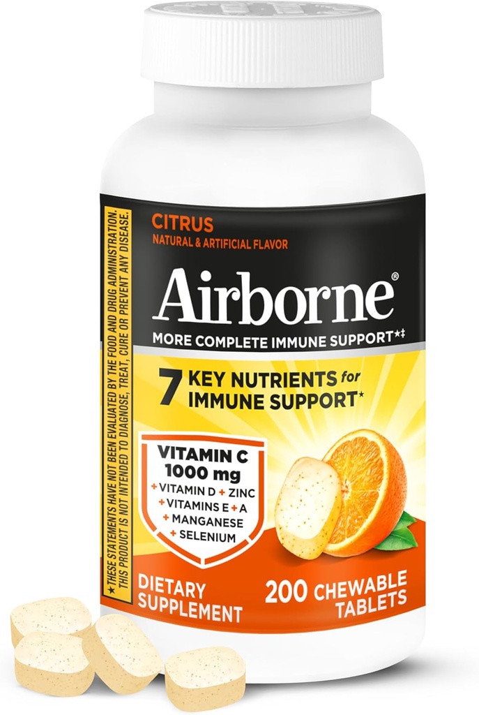 Airborne 1000mg Βιταμίνη C με D και ψευδάργυρο, Multivitamin ανοσοποιητικό συμπλήρωμα υποστήριξης με αντιοξειδωτικά A, C, και E, 200 Μασώμενα δισκία, Citrus Flavor