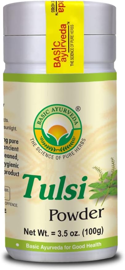 BASIC AYURVEDA Tulsi Toz | Kutsal Basil Yaprak Toz Tea, Cooking & Herbal Use | Pure & Natural | Gluten-Free, Non-GMO | Raw Ayurvedic Herb Supplement | 3.53 Oz (100g)