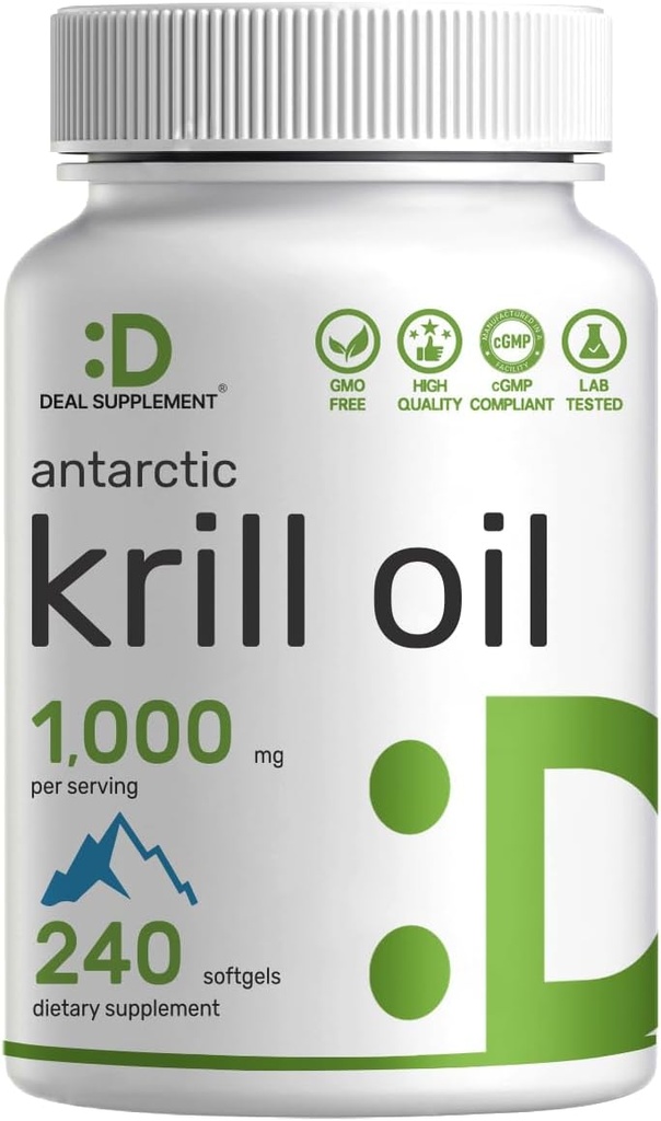 DEAL SUPPLEMENT Antarctic Krill Oil, 1,000mg Per Serving, 240 Softgels – Mercury Free, No Fishy Taste – Rich in Omega-3s, EPA, DHA, Astaxanthin, & Phospholipids – Non-GMO, No Gluten
