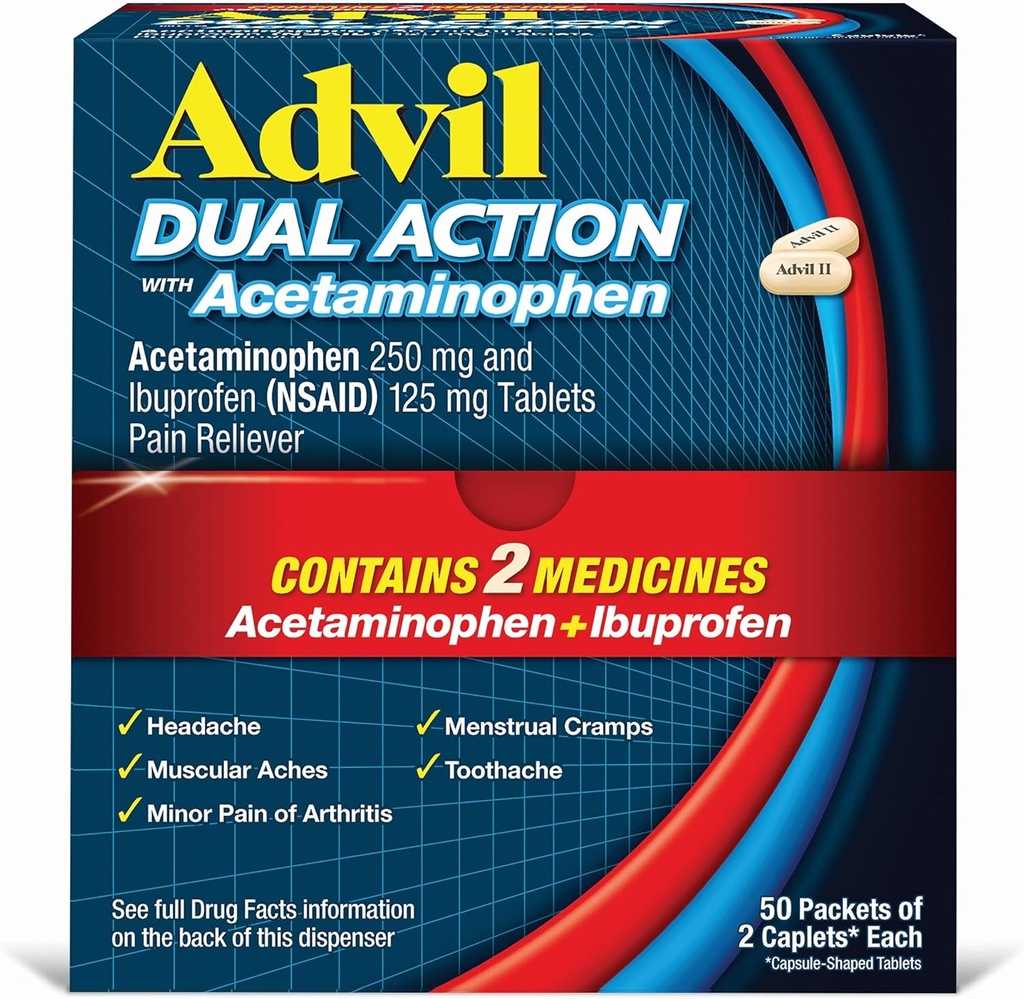Advil Dual Action, Acetaminophen ile Caplets, 250 Mg Ibuprofen ve 500 Mg Acetaminophen Per Dose (2 Dose Equivalent) 8 Hour Pain Relief - 2 Count x 50 50