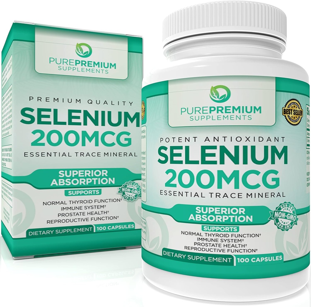 PurePremium Selenium 200mcg Supplement - L Selenomethionine Essential Mineral - Normal Tiroid için Günlük Destek, Immune System| Normal Prostate Function - 3 Ay Supply - 100 Capsules