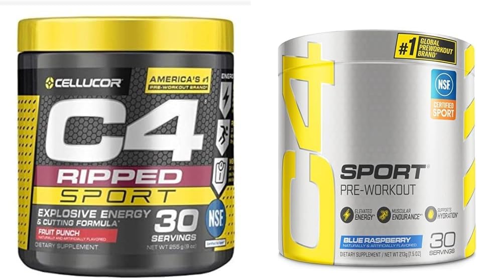 C4 Ripped Sport Pre Workout Toz Meyvesi - NSF Spor + Sugar Free & C4 Sport Pre Workout Toz Blue Raspberry - Pre Workout Energy