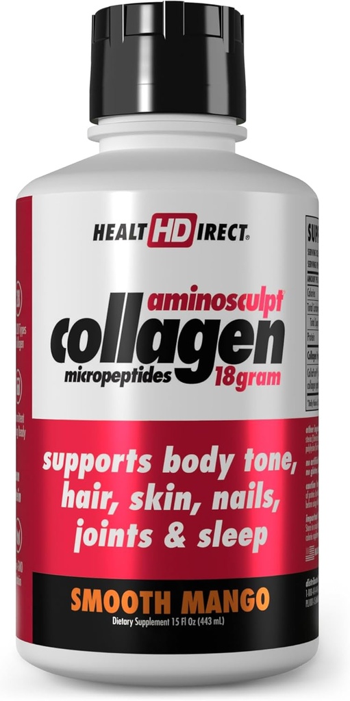 ΥΓΕΙΑ DIRECT AminoSculpt Sugar-Free Collagen Supplement - Υψηλής ισχύος Ιατρική-Πρωτεΐνη Grade για τα μαλλιά, το δέρμα, τα νύχια & τις αρθρώσεις, Grass-Fed, μη GMO, Liquid Collagen - Smooth Mango - 15 FL Oz