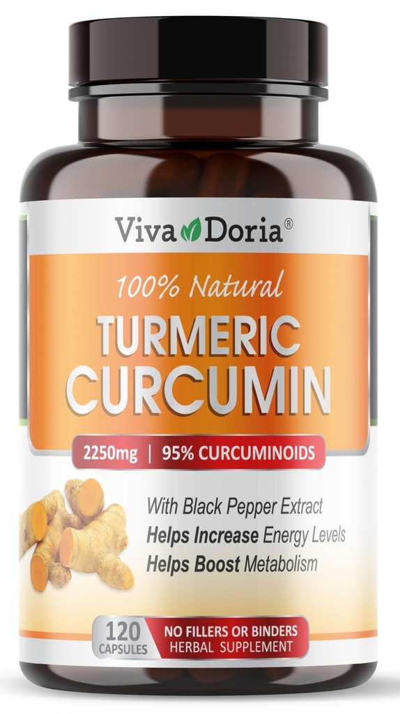 Viva Doria Turmeric Curcumin with Black Pepper Extract 2250mg, 95% Standardized Curcuminoids - Black Pepper for Max Absorption, 120 Vegetable Capsules