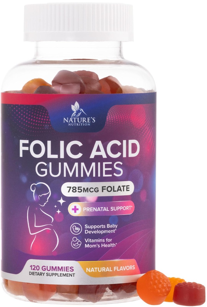 Kadınlar için Folic Acid Gummies 785 mcg, Essential Prenatal Vitaminler Anne ve Bebek, Vegan Folic Supplement Gummy, Daily Vitamin B9 Extra Strength Folate, After Gebelik - 120 Gummies