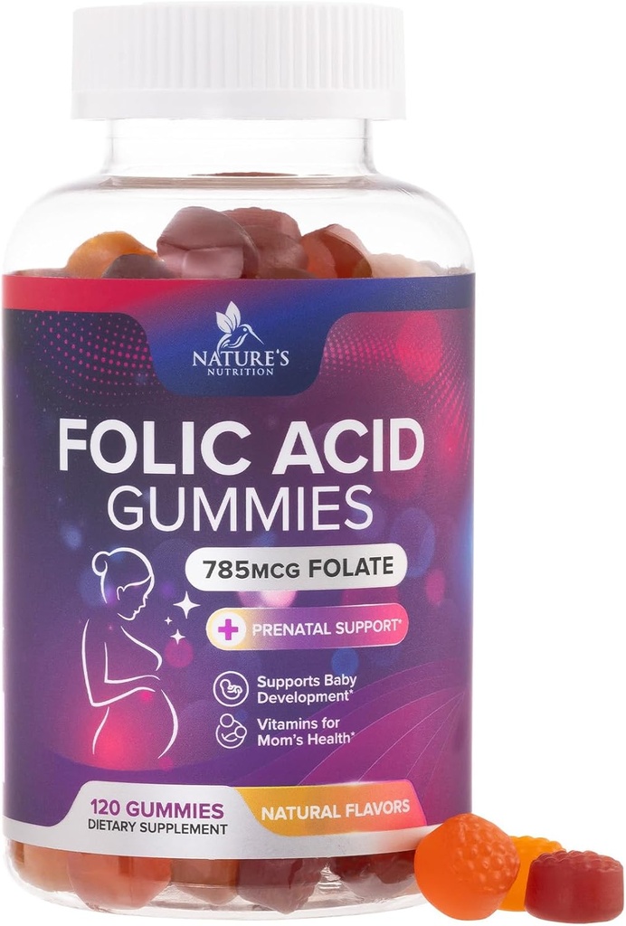 Kadınlar için Folic Acid Gummies 785 mcg, Essential Prenatal Vitaminler Anne ve Bebek, Vegan Folic Supplement Gummy, Daily Vitamin B9 Extra Strength Folate, After Gebelik - 120 Gummies