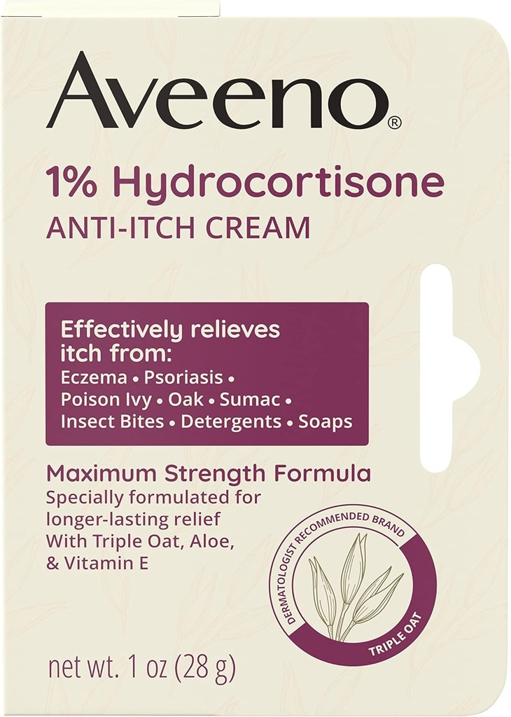 Aveeno Maksimum Güçlü% 1 Hidrokortisone Anti-Itch Cream, Triple Oat, Aloe & Vitamin E Eczema, Psoriasis, Böcek Bites, Zehir Ivy, Oak & Sumac & Detergents, 1 ozzz