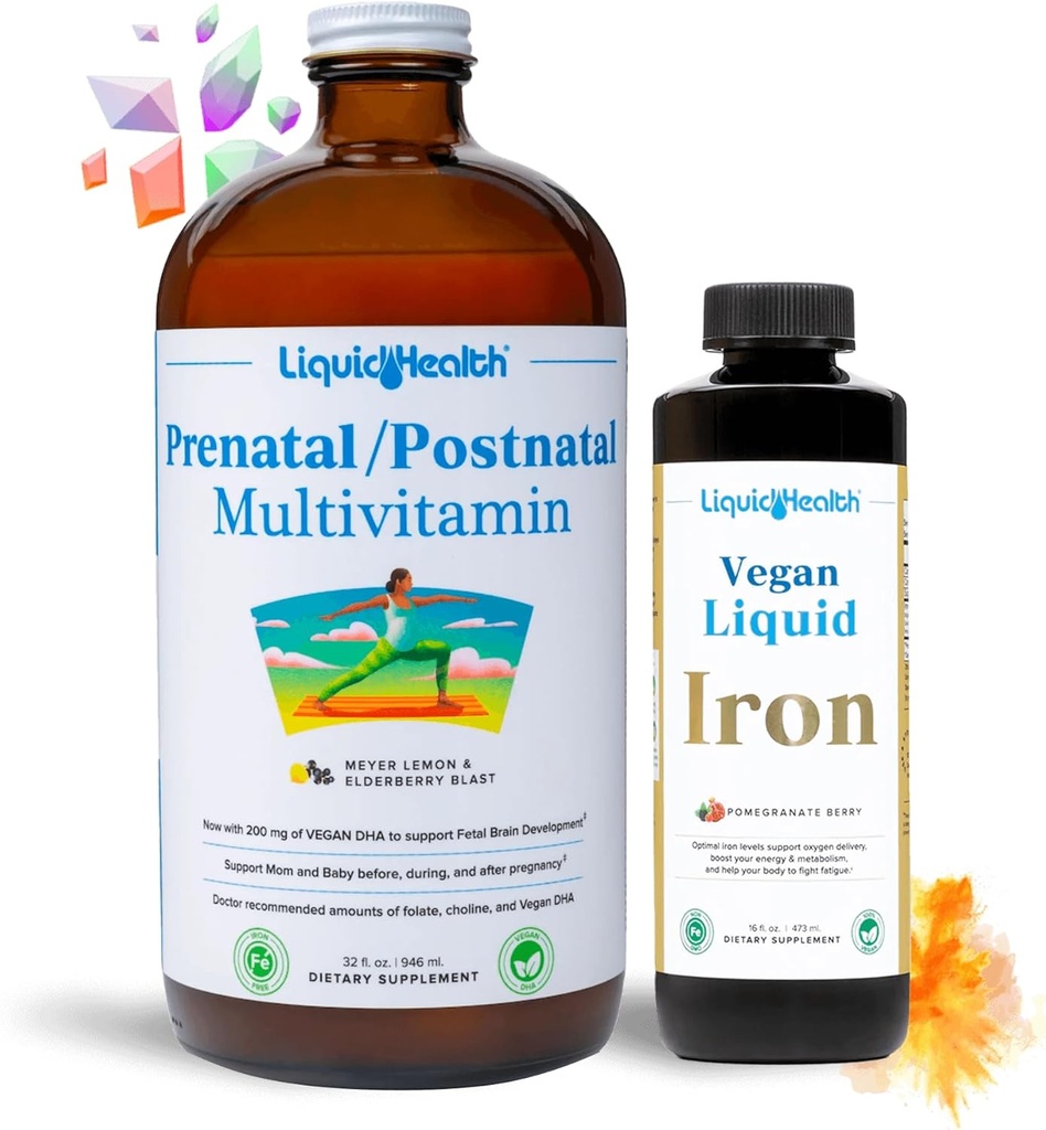 LIQUIDHEALTH Prenatal Bebek Yörek Vitamini - Vegan Kadın Prenatal / SunActive & Ferrochel Iron, Folate, Whole Foods - ABD'de Yap, 100% Vegan (Bundle)