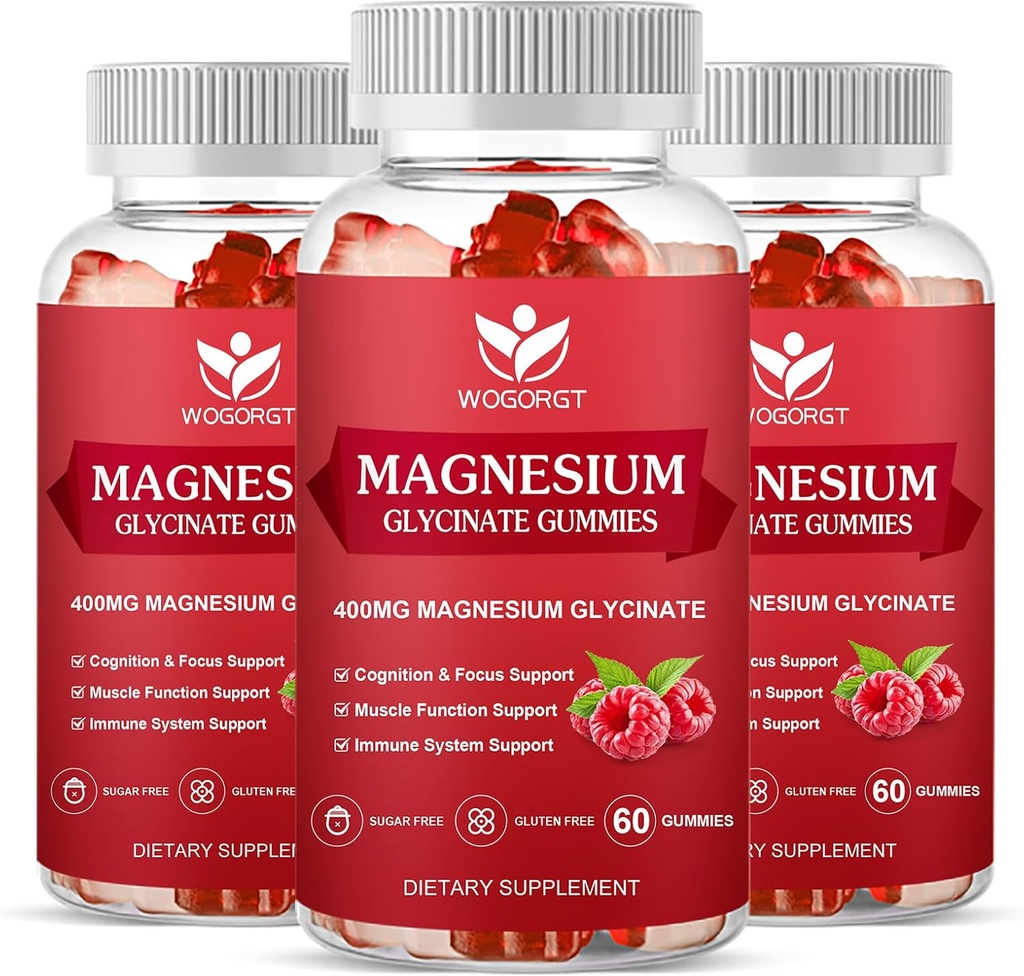 Magnezyum Glycinate Gummies - 400 mg Magnezyum Glycinate Gummy with Vitamin D, B6 ve CoQ10, Magnezyum Tamam for Relaxation and Cognition, Sugar Free - 60 Raspberry Gummies (3 Pack)