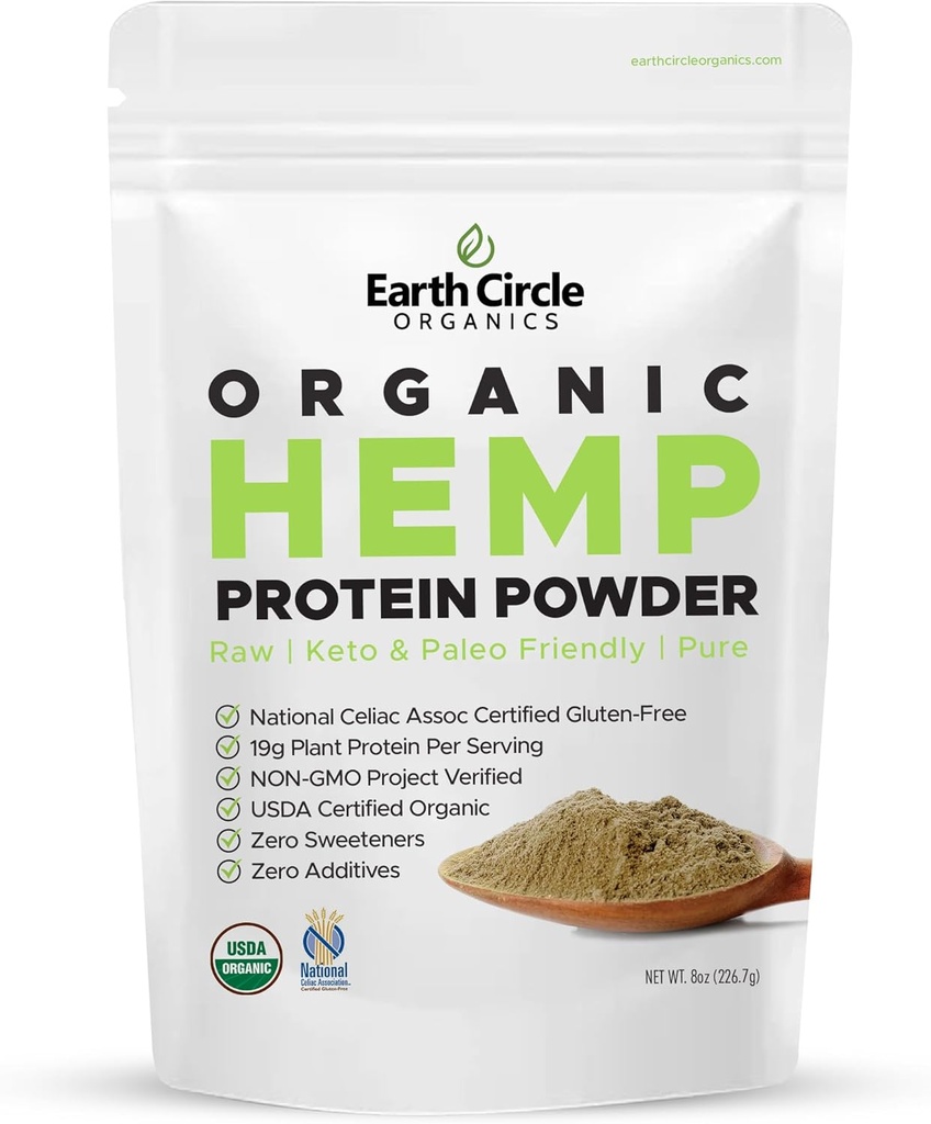 Earth Circle Organics Organic Hemp Protein Powder, Gluten Free, Plant Based & Vegan Ακατέργαστη Πρωτεϊνική Σκόνη - Ιδανική για Keto, Meal Replacement Shakes, Pre-Education and Post Workout (8oz, Pack of 1)