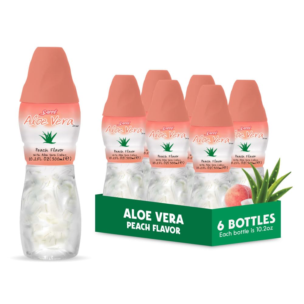 Aloe vera juice (Peach flavored) with bigger chunky pure aloe pulp (6 Packs) Plant based juice great for hydration and contains large aloe pulp. It is healthy for adults and kids