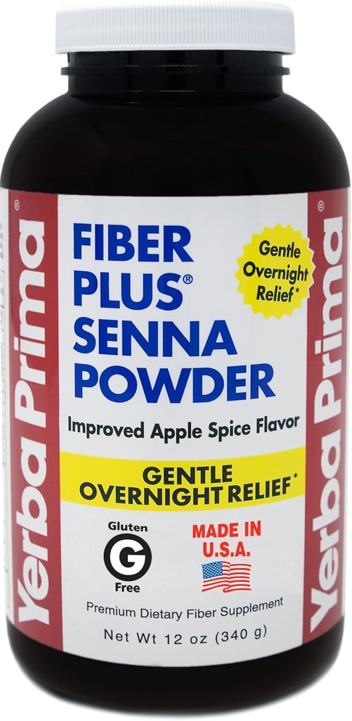 Yerba Prima Fiber Plus Senna Toz, 12 oz ( 1)Pack of 1) - Apple Spice Flavor, Gentle Overnight Relief, USA Made, Non-GMO, Stevia Sweetized, Short-Term Use to Restore Regularity