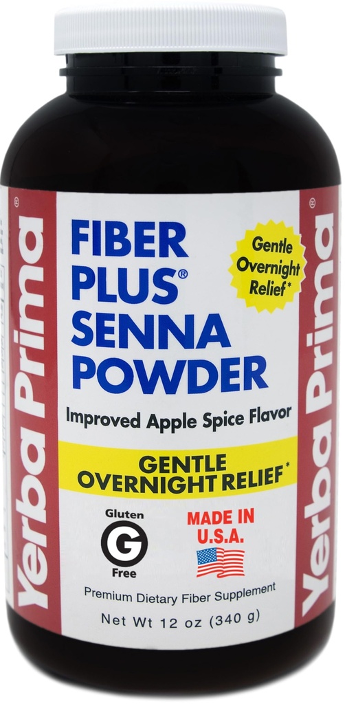 Yerba Prima Fiber Plus Senna Toz, 12 oz ( 1)Pack of 1) - Apple Spice Flavor, Gentle Overnight Relief, USA Made, Non-GMO, Stevia Sweetized, Short-Term Use to Restore Regularity