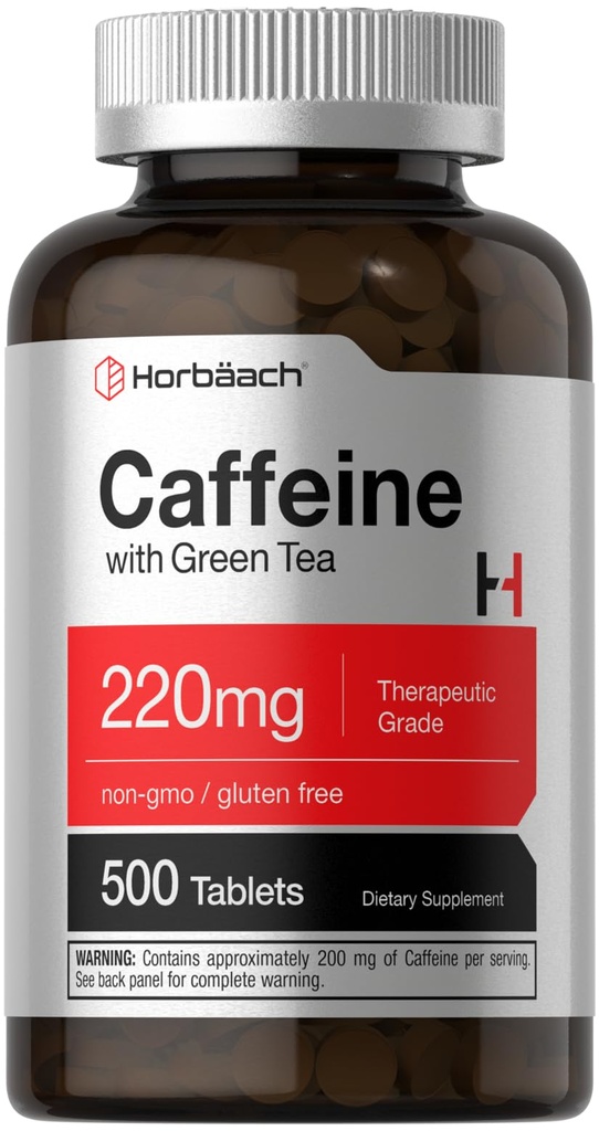 Horbäach Caffeine Pills 220 mg with Green Tea | 500 Tablet | Vejetary, Non-GMO & Gluten Free