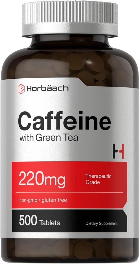 Horbäach Caffeine Pills 220mg with Green Tea | 500 Tablets | Vegetarian, Non-GMO & Gluten Free