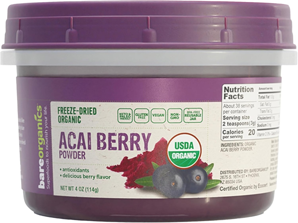BareOrganics Acai Berry Powder, Superfood Powder, Organic Dietary Supplement, 4 Ounces