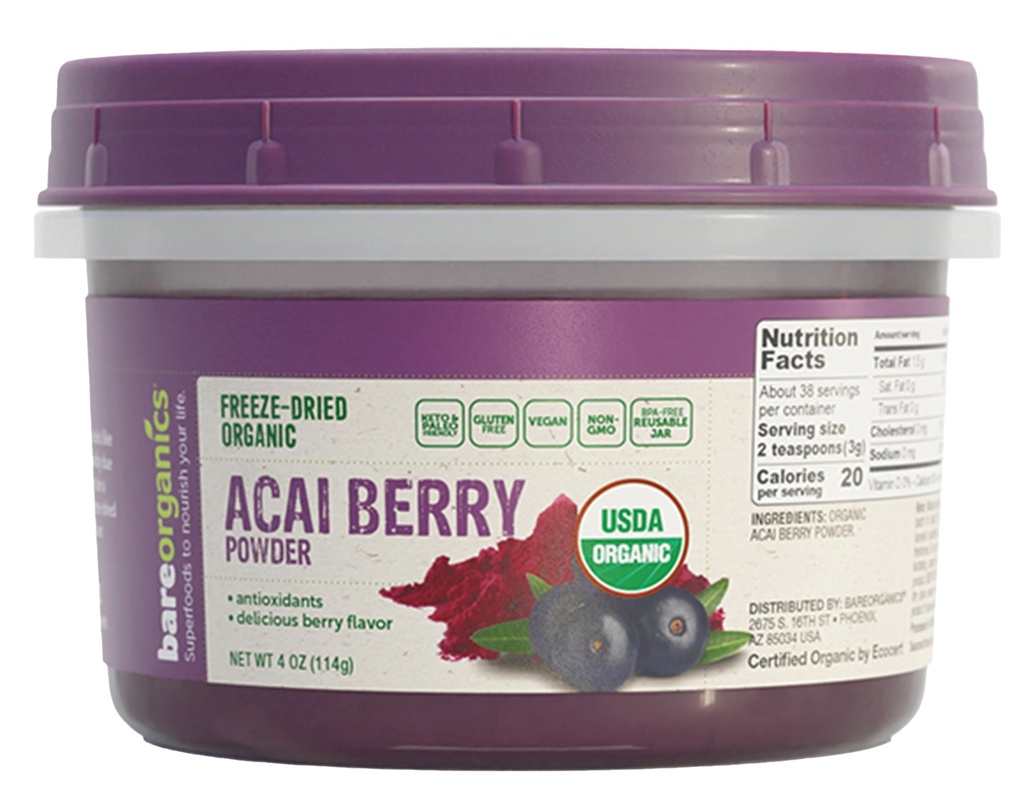 BareOrganics Acai Powder - Superfood Powder, Organic Freeze Dried Acai Berry Powder, 4 Oz
