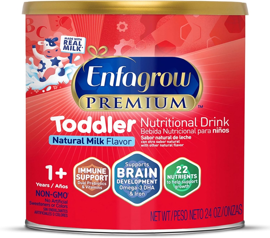 Enfagrow PREMIUM Τόντλερ Διατροφικό Ποτό, Φτιαγμένο με Αληθινό Γάλα, Εγκεφαλικό-Κτίριο Ωμέγα-3 DHA, Θρεπτικά συστατικά και Πρεβιοτικά για την Ανάπτυξη & Ανοσολογική Υποστήριξη, Μη-ΓΤΟ, Τόντλερ Γάλα σε σκόνη, 24 Oz Can