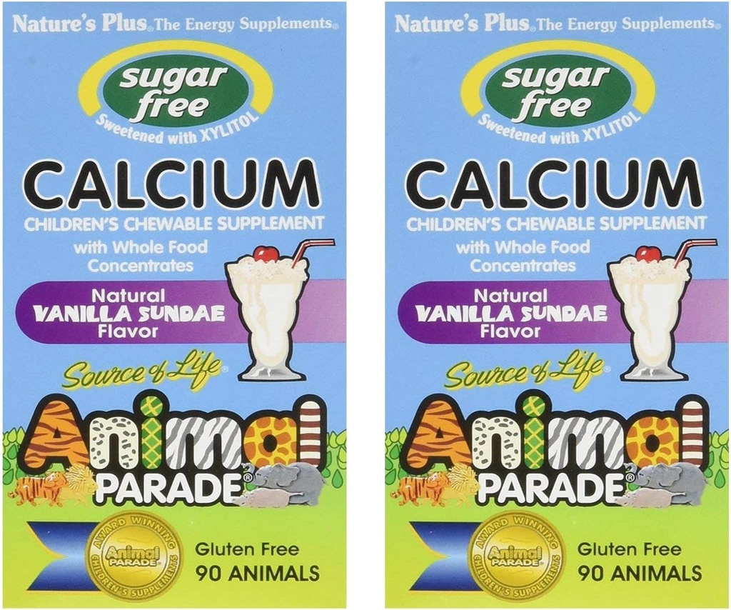 NaturesPlus Animal Parade Sugar-Free Children'suba, Vanilla Sundae Flavor - 90 Chewable Animal Shaped Tabletler, 2 Paket - Bone Health - Gluten Free - 90 hizmet