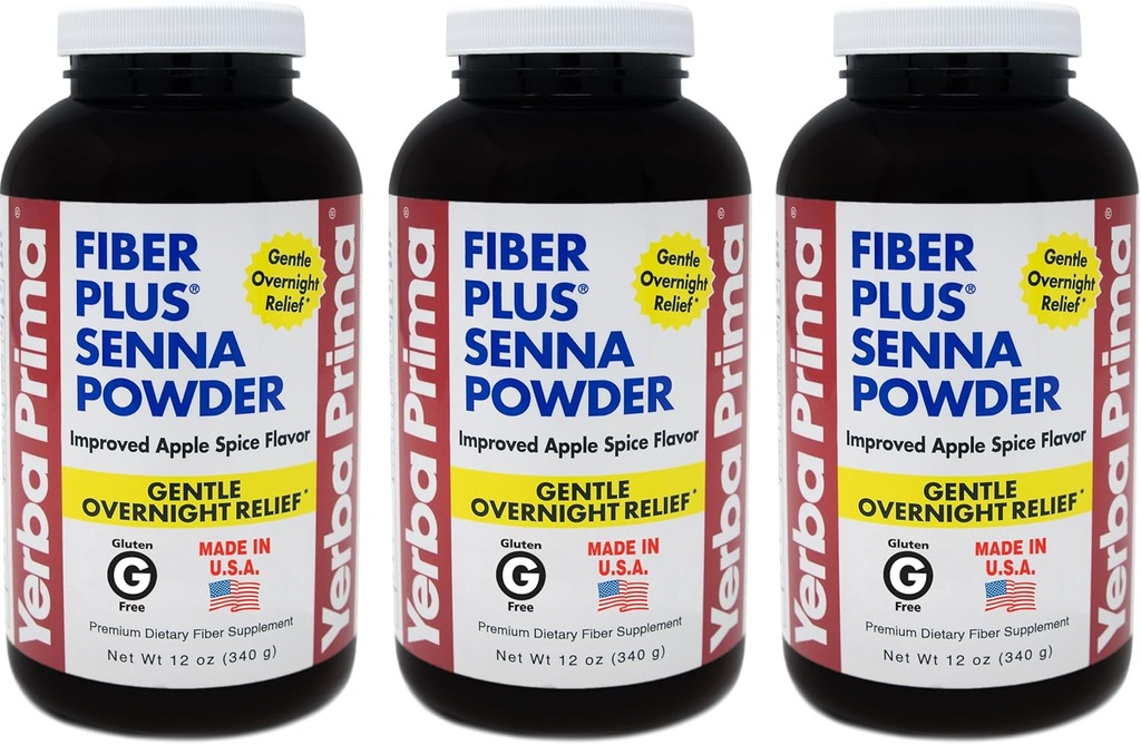 Yerba Prima Fiber Plus Senna σκόνη, 12 ουγγιά (πακέτο των 3) - για βραχυχρόνια χρήση για την αποκατάσταση της κανονικότητας, βελτιωμένη γεύση μήλου spice, Stevia γλυκαντικά, παρέχει απαλή ανακούφιση Overnight, μη ΓΤΟ