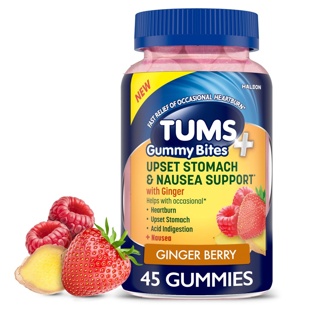 TUMS Plus Upset Stomach & Nausea Support, Diyet Supplement, Ginger Berry - 45 Kont