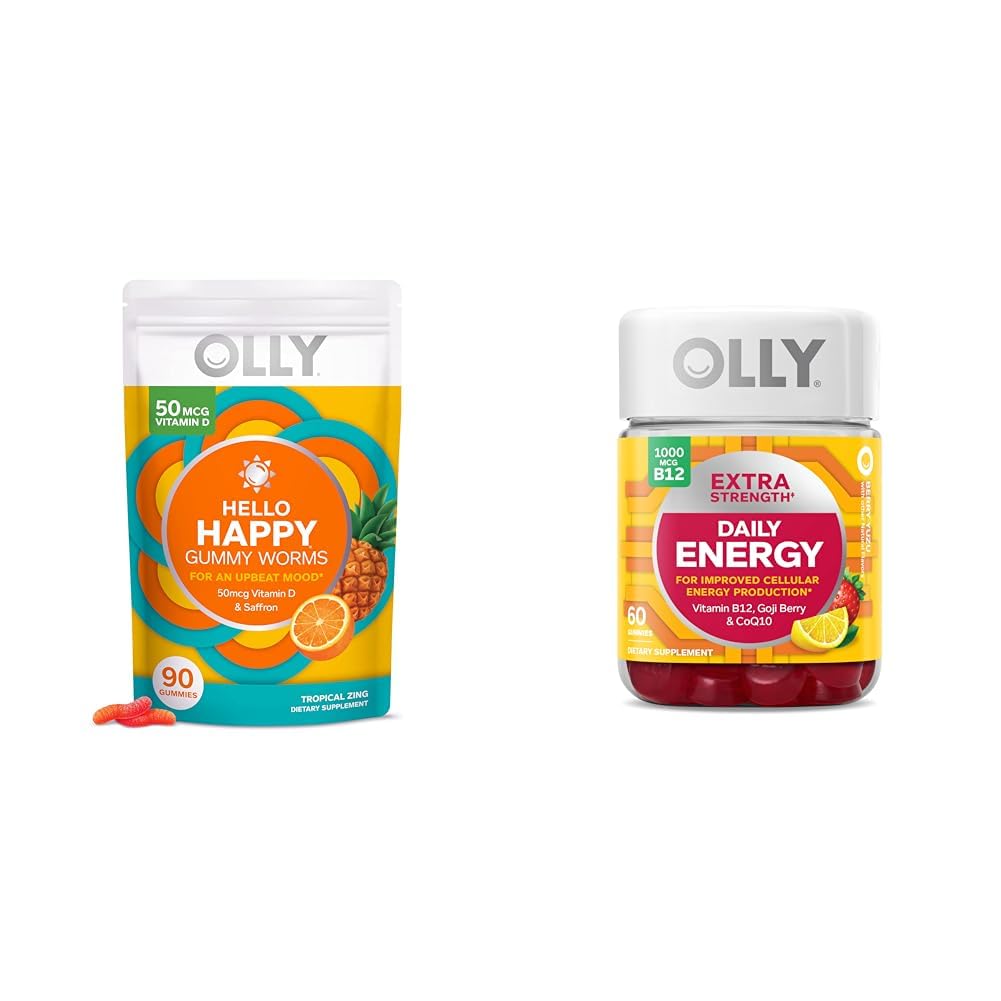 OLLY Hello Happy Gummy Worms, υποστήριξη ισορροπίας Mood, βιταμίνη D, Saffron, συμπλήρωμα μάσημα ενηλίκων & επιπλέον δύναμη καθημερινή ενέργεια Gummy, χωρίς καφεΐνη, 1000mcg βιταμίνη B12, CoQ10, Goji Berry