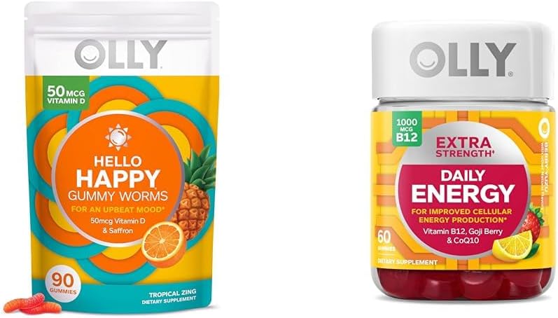 OLLY Hello Happy Gummy Worms, Mood Balance Support, Vitamin D, Saffron, Yetişkin Chewable Supplement & Ekstra Güçlü Günlük Enerji Gummy, Caffeine Free, 1000 Find Berry Vitamin B12, CoQ10, Goji Berry