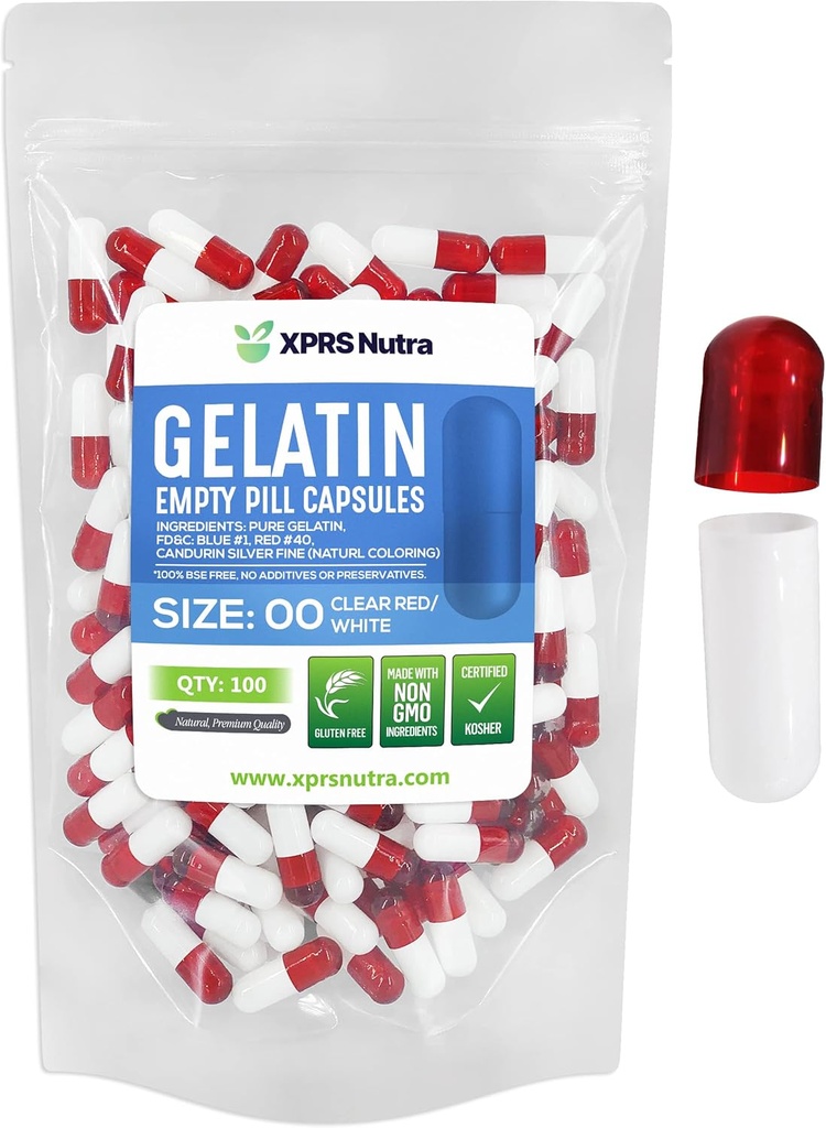 XPRS Nutra Boyutu 00 Boş Kapsüller - 100 Kont Boş Gelatin Capsules - Pill DIY Capsule - Do-It- Yourself Supplements (Clear Red/White)