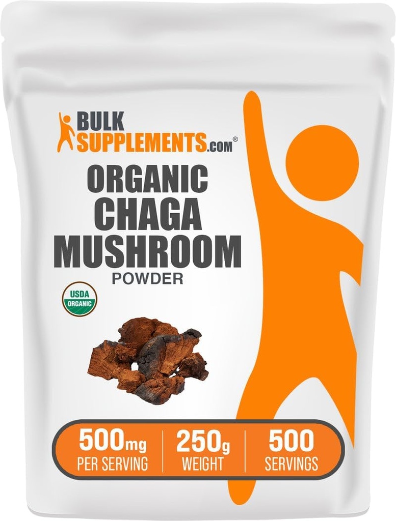 BulkSupplements.com Organic Chaga Mushrooms Powder - Chaga Mushroom Supplement, Superfood Supplement - Vegan & Gluten Free, 500mg per Serving, 250g (8.8 oz) (Pack of 1)