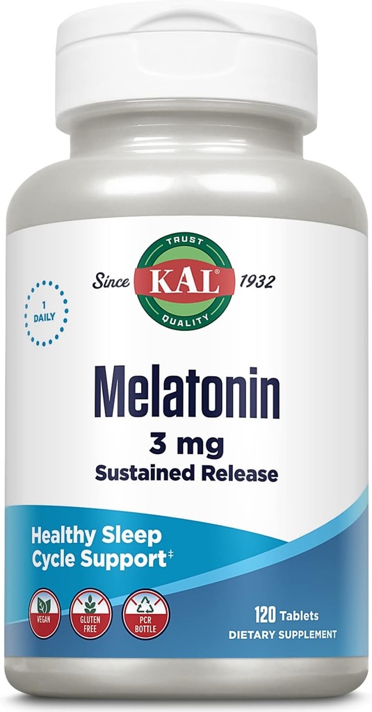 KAL Melatonin 3 mg Sustained Release Sleep Aid, Melatonin Supplement Supports Health Relaxation, a Calm feeling and a Proper Sleep Cycle, w/Added Vitamin B6, Vegan, Gluten Free, 120 Serv, 120 Tablet