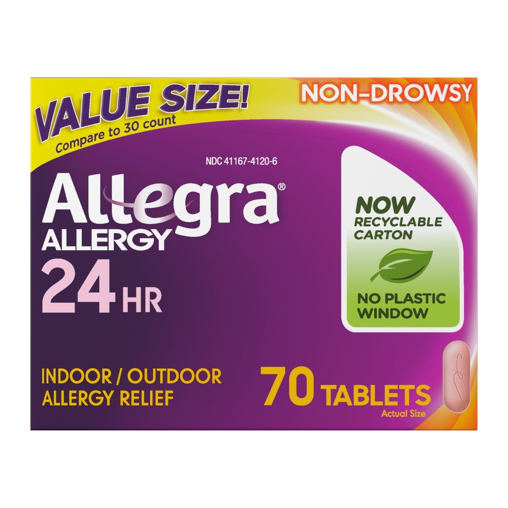 Allegra Yetişkin 24 Saat Antihistamin Tabletleri, Non-Drowsy Kapalı ve Açık Alerji ilacı, 180 mg Fexofenadine HCI Antihistamine Pill, 70-Count