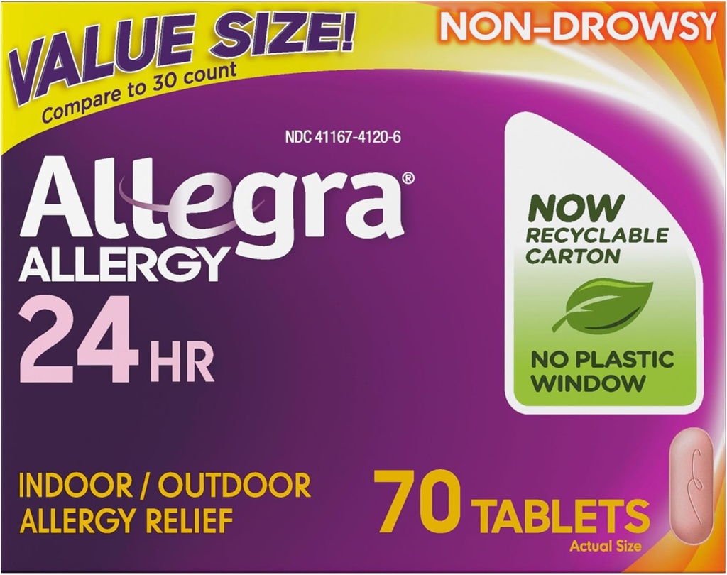 Allegra Yetişkin 24 Saat Antihistamin Tabletleri, Non-Drowsy Kapalı ve Açık Alerji ilacı, 180 mg Fexofenadine HCI Antihistamine Pill, 70-Count
