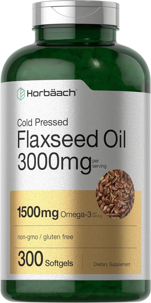 Horbäach Flaxseed Oil Softgel Capsules 3000 mg | 300 Kont | Yüksek Potency | Omega 3 6 9 | Non-GMO, Gluten Free | Cold Pressed Flax Seed