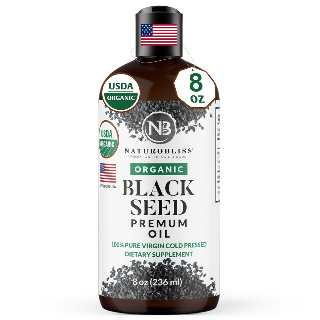 NaturoBliss Βιολογικό Μαύρο Έλαιο Σπέρματος 100 Παρθένο Ψυχρό Πιέζεται Ωμέγα 3 6 9 Σούπερ Αντιοξειδωτικό για Ανοσολογική Υποστήριξη, αρθρώσεις, Κινητικότητα, Πέψη, Δέρμα μαλλιών Vegan, Χωρίς γλουτένη, Μη ΓΤΟ USDA Πιστοποιημένο 8oz