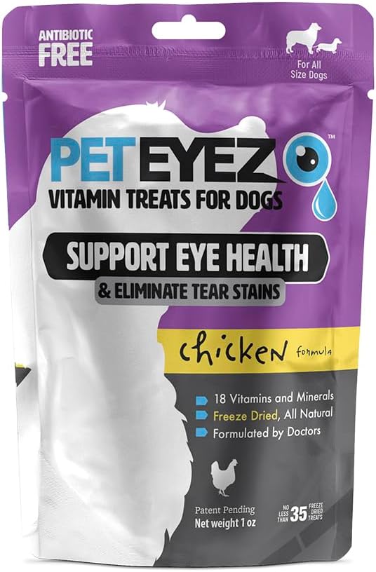 PetEyez Tear Stain Rer Vitaminleri Köpekler için Tedaviler - Destek Göz Sağlığı ve Isching & Tear Stain Buildup -% 100 Doğal Köpek w / Superfoods, Antioksis & Nutrients - Tavuk Flavor - 1oz