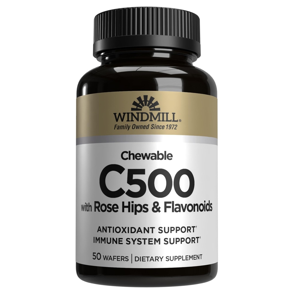 Windmill Natural Vitamins Vitamin C 500 mg, with Rose Hips and Bioflavonoids, Immune Booster, Antioxidant Support, Chewable Tablets, Acerola Berry, 50 Tablets, 50 Servings