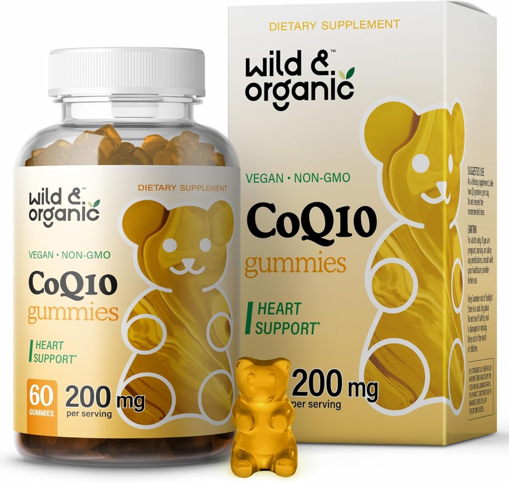 Wild & Organic CoQ10 Gummies - Vegan CoQ10 200 mg Antioksi Supplement with Ubiquinone - Natural Energy and Focus Gummies with Coenzyme Q10-60 Non-GMO Pectin Chewables