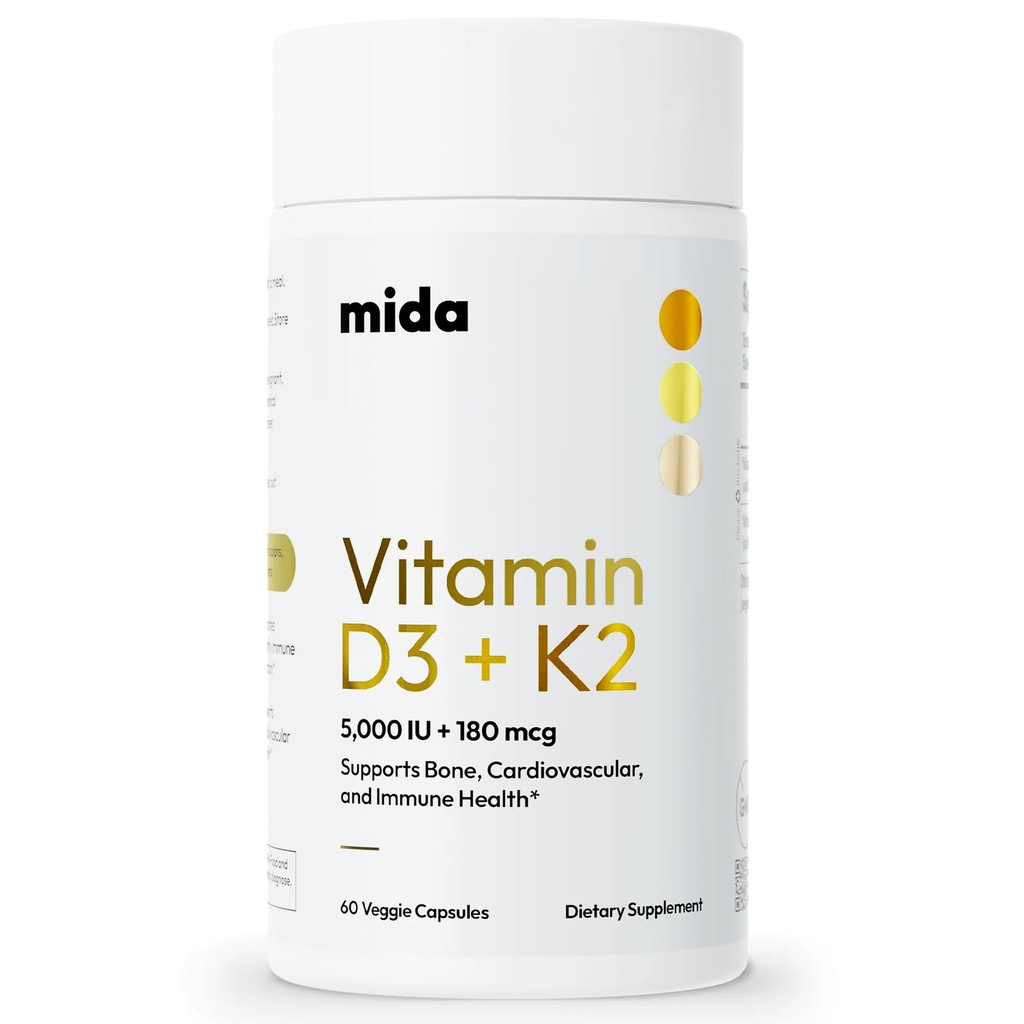 Mida Health® D3 K2 Vitamin 5000 I ile MK-7 | Kemik, Kalp ve Immune Desteği | Yetişkin Vegan Capsules | 60 Hizmet