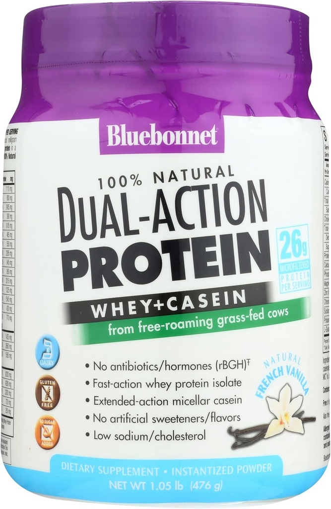 Bluebonnet Beslenme Dual-Action Protein Tozu, Çim İneklerden Whey, No Sugar, Non GMO, Gluten & Soy Free, Kosher Süt, Fransız Vanilla Flavor, Off-beyaz, 16.8 Oz