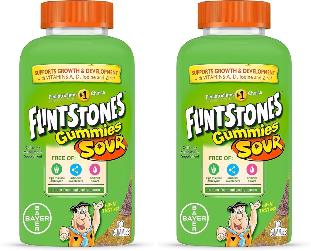 Flintstones Sour Gummies Kids Vitamins, A, B6, B12, C, D & more, 180ct (Pack of 2)