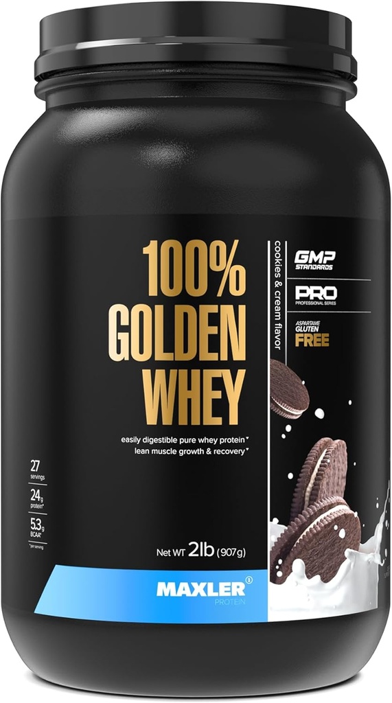 Maxler% 100 Golden Whey proteini - Servis başına protein 24g - Pre Post Workout için Premium Whey Protein Tozu - Hızlı Nisorbing Whey Mekanik, Isolate & Hydrolysate Mix - Cookies & Cream 2 lb