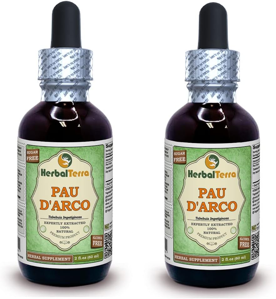 PAU d'arco (Tabebuia Impetiginosa) Glycerite, kuru Bark Alkol Özgür Sıvı Ekstraksiyon (Brand Name: HerbalTerra, Proudly Made in USA) 2x2 fl.oz (2x60 ml)