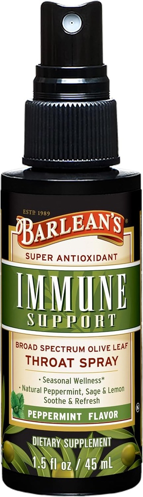 Barlean'ın Zeytin Yaprak Kompleksi Throat Mix, Immune Support Supplement with Peppermint, Lemon, and Sage for Itchy Throat Relief, Liquid Mixed Extract, 1.5 oz