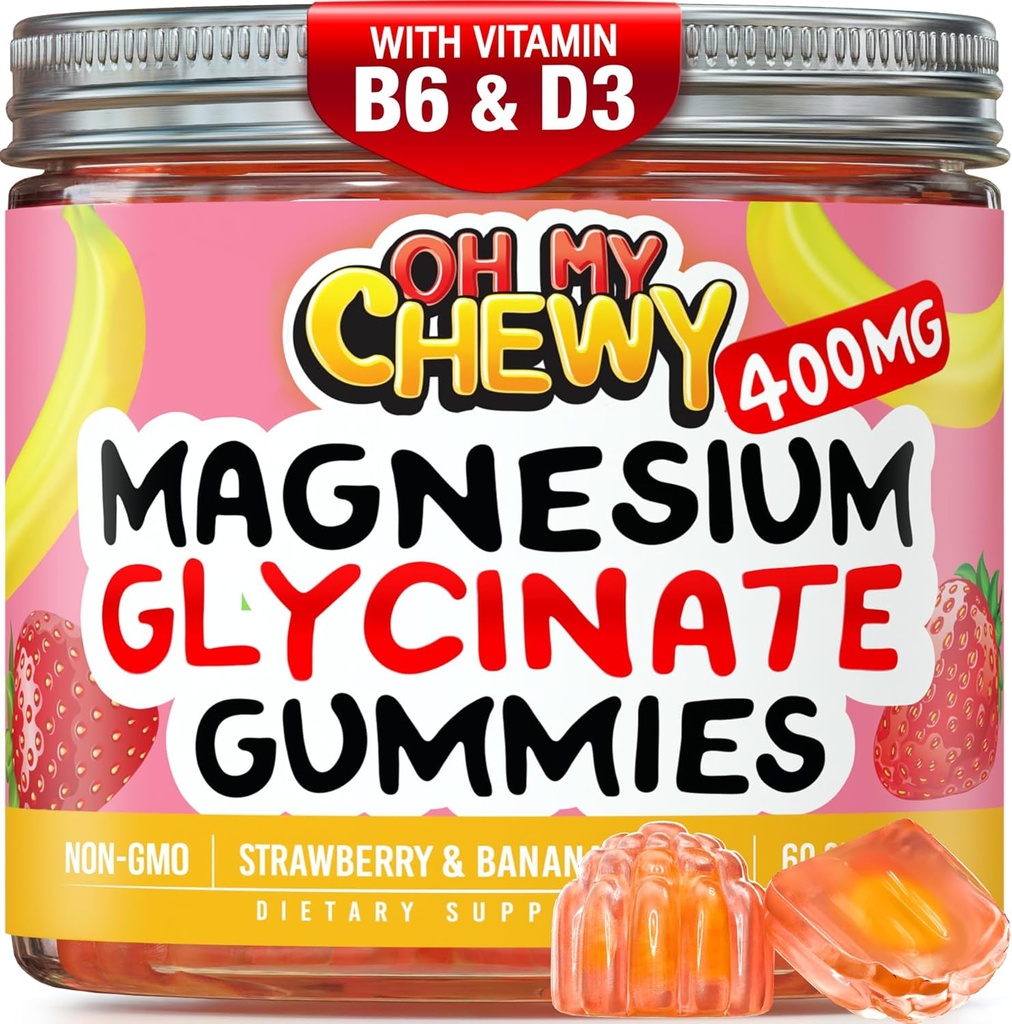 Κεντρο-γεμισμένο Μαγνήσιο Glycinate Gummies 400MG - Υψηλή απορρόφηση για παιδιά, εφήβους και ενήλικες - Συμπλήρωμα για ύπνο, ηρεμία & μυϊκή χαλάρωση με B6 & D3 - Gluten Free & Vegan Friendly - 120 Count