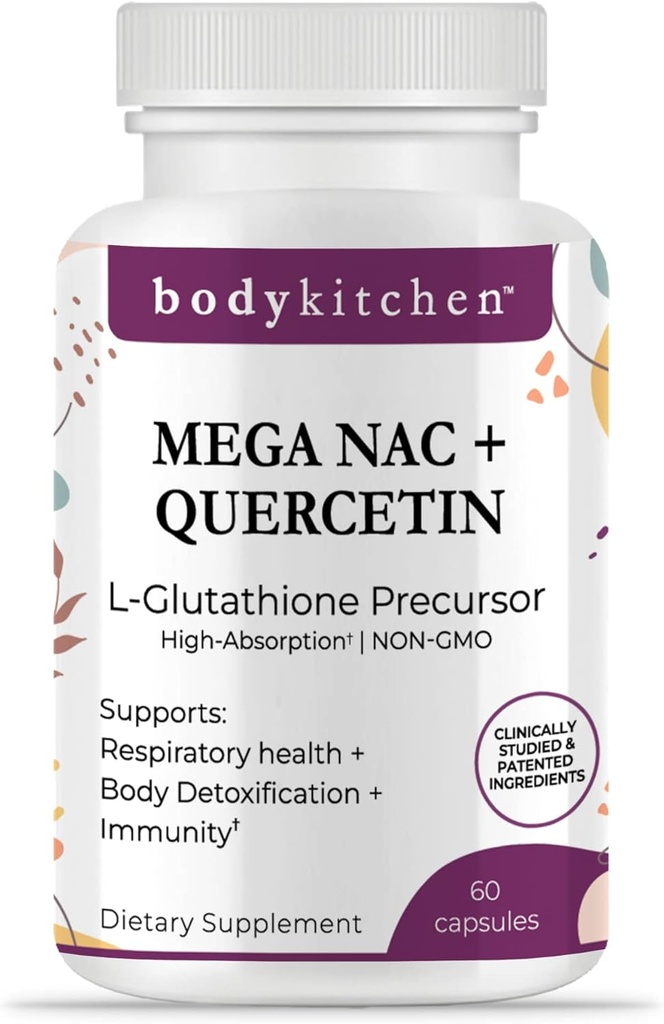 Κουζίνα Σώματος Mega NAC (N- Acetyl Cysteine) 600 mg με Quercetin, Υποστηρίζει την αναπνευστική υγεία και την ανοσοποιητική λειτουργία και προωθεί το ήπαρ και το νεφρό Detox, Veggie Caps, (πακέτο του 1)